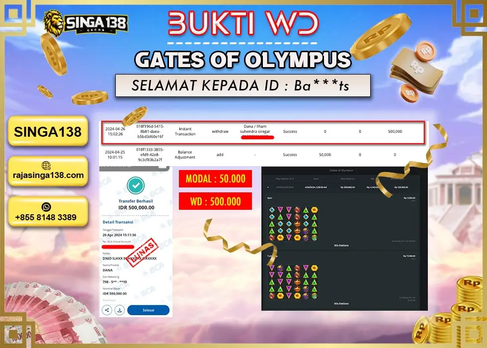 SINGA138 WD SLOT GATES OF OLYMPUS Rp 500.000 - LUNAS