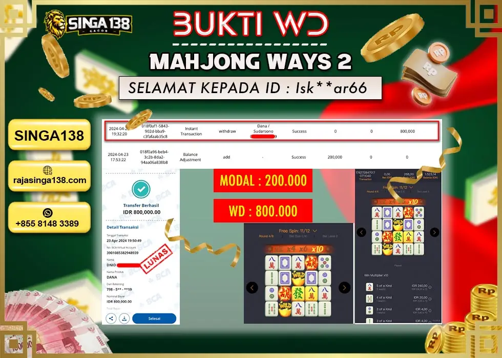 SINGA138 WD SLOT MAHJONG WAYS 2 Rp 800.000 - LUNAS