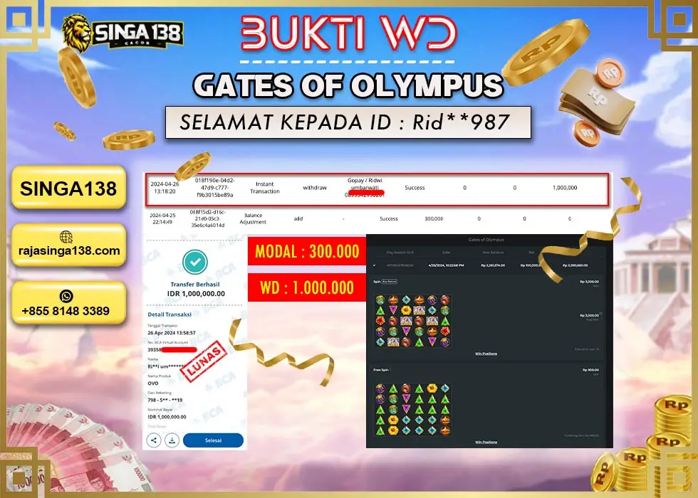 SINGA138 WD SLOT GATES OF OLYMPUS Rp 1.000.000 - LUNAS