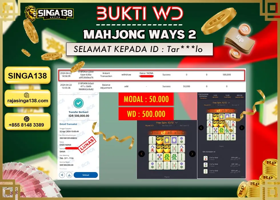 SINGA138 WD SLOT MAHJONG WAYS 2 Rp 500.000 - LUNAS