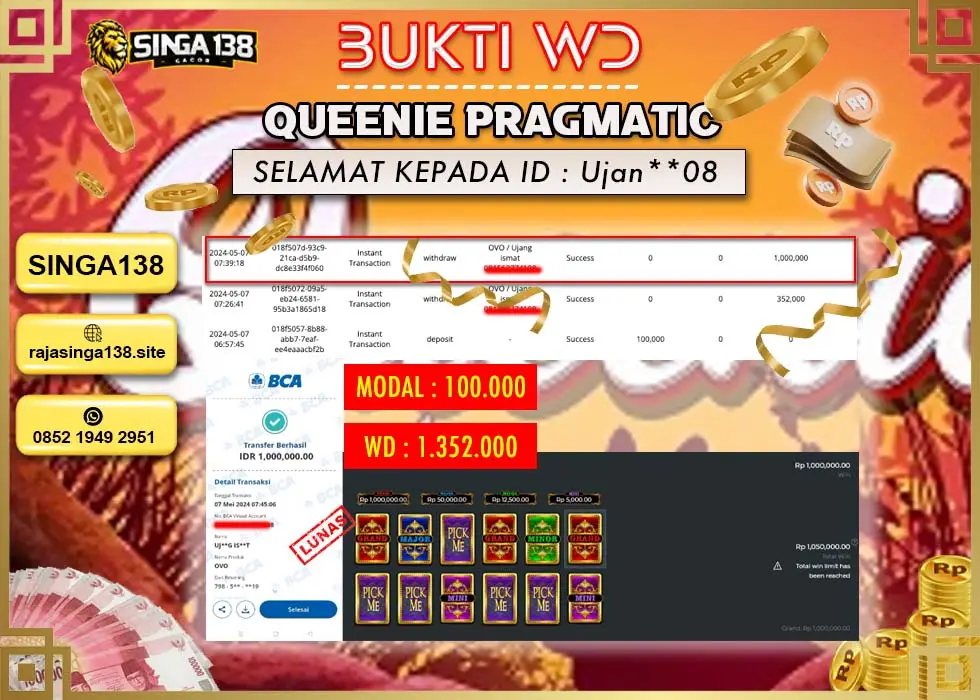 SINGA138 WD SLOT QUEENIE PRAGMATIC Rp 1.352.000 - LUNAS