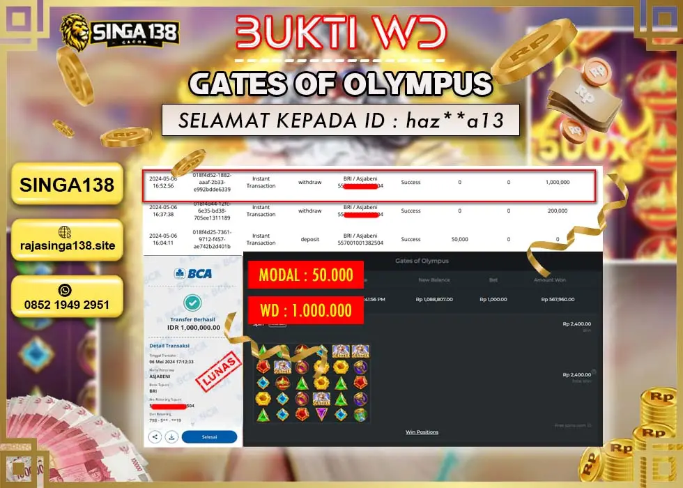 SINGA138 WD SLOT GATES OF OLYMPUS Rp 1.000.000 - LUNAS