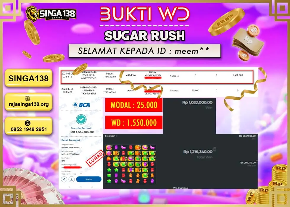 SINGA138 WD SLOT SUGAR RUSH Rp 1.550.000 - LUNAS